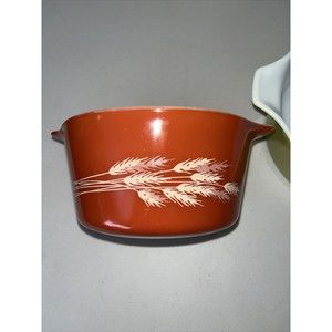 2 Pyrex Harvest Wheat Orange Gold & Avocado Bowl Casserole Dish Handles USA